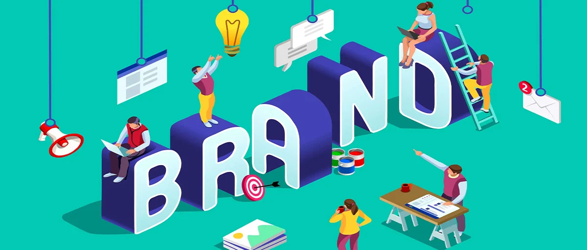 Çizim- 3 boyutlu dev bir BRAND" yazısı, etrafında insanlar