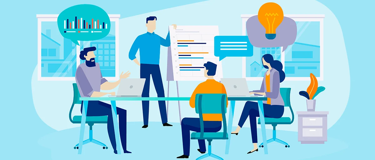 Visual design. People receiving training at the office.